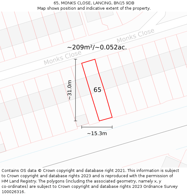65, MONKS CLOSE, LANCING, BN15 9DB: Plot and title map