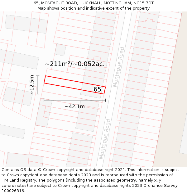 65, MONTAGUE ROAD, HUCKNALL, NOTTINGHAM, NG15 7DT: Plot and title map