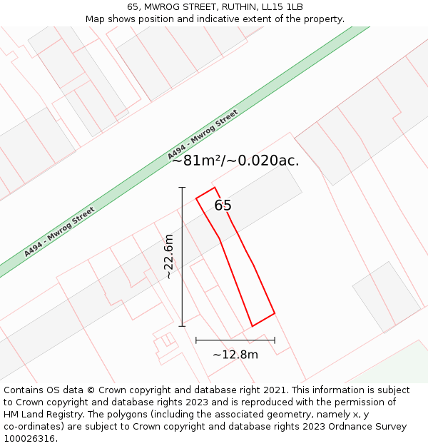 65, MWROG STREET, RUTHIN, LL15 1LB: Plot and title map