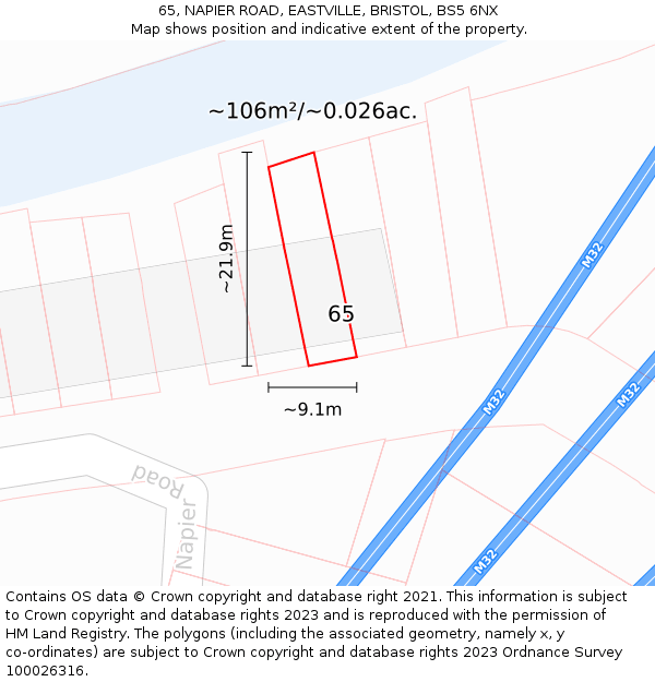 65, NAPIER ROAD, EASTVILLE, BRISTOL, BS5 6NX: Plot and title map
