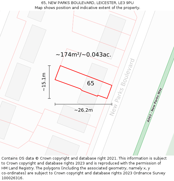 65, NEW PARKS BOULEVARD, LEICESTER, LE3 9PU: Plot and title map