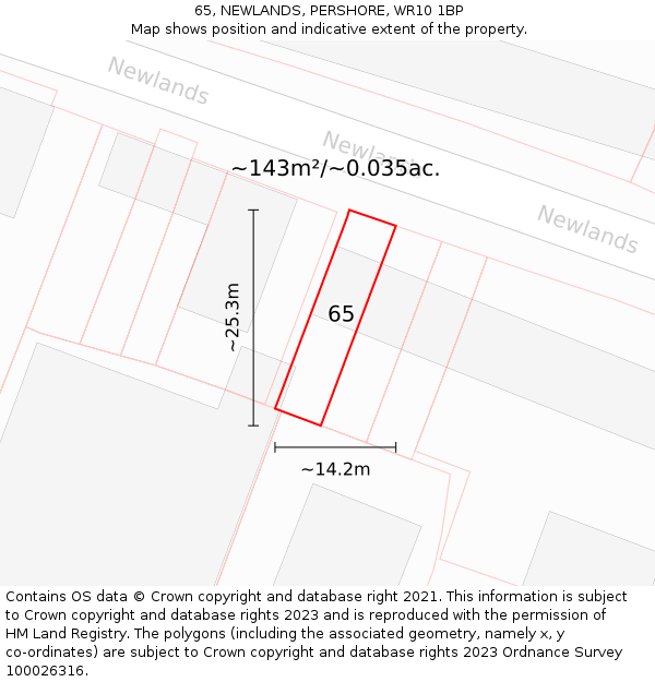 65, NEWLANDS, PERSHORE, WR10 1BP: Plot and title map