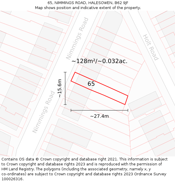 65, NIMMINGS ROAD, HALESOWEN, B62 9JF: Plot and title map