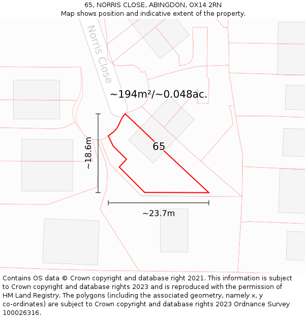 65, NORRIS CLOSE, ABINGDON, OX14 2RN: Plot and title map