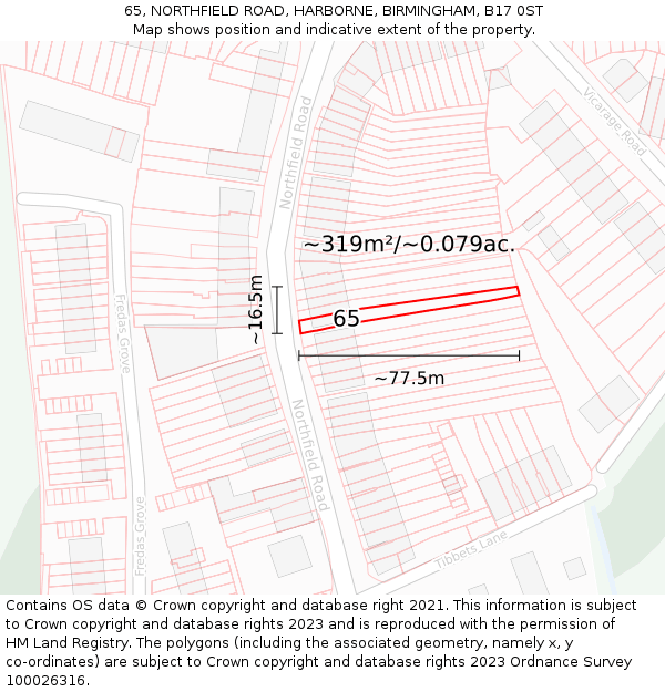 65, NORTHFIELD ROAD, HARBORNE, BIRMINGHAM, B17 0ST: Plot and title map