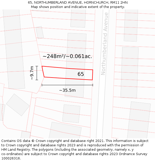 65, NORTHUMBERLAND AVENUE, HORNCHURCH, RM11 2HN: Plot and title map