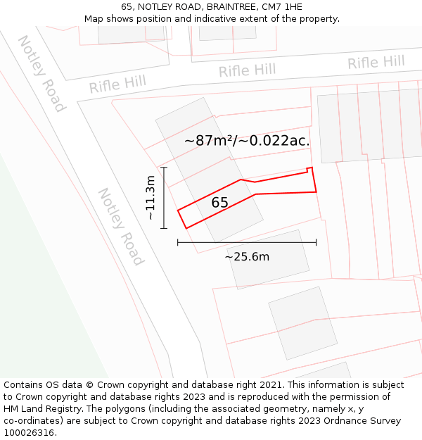 65, NOTLEY ROAD, BRAINTREE, CM7 1HE: Plot and title map