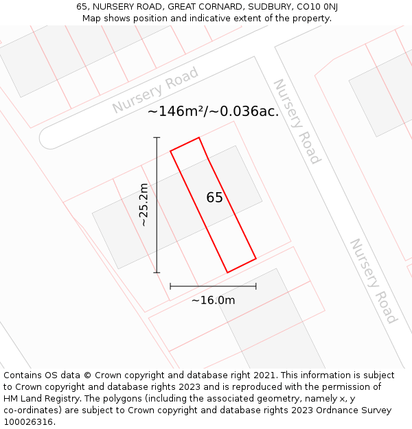 65, NURSERY ROAD, GREAT CORNARD, SUDBURY, CO10 0NJ: Plot and title map