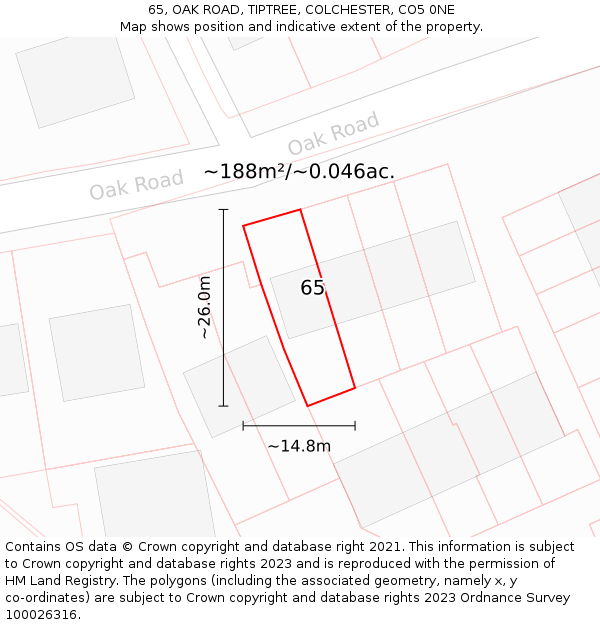 65, OAK ROAD, TIPTREE, COLCHESTER, CO5 0NE: Plot and title map