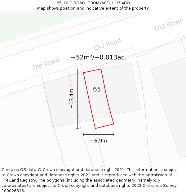 65, OLD ROAD, BROMYARD, HR7 4BQ: Plot and title map