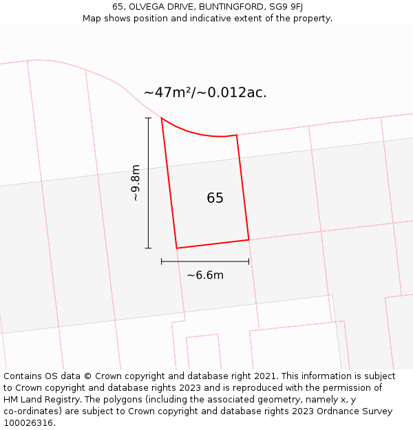 65, OLVEGA DRIVE, BUNTINGFORD, SG9 9FJ: Plot and title map