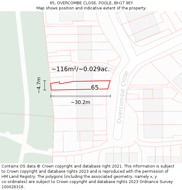 65, OVERCOMBE CLOSE, POOLE, BH17 9EY: Plot and title map