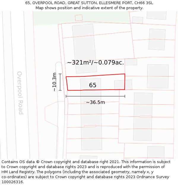 65, OVERPOOL ROAD, GREAT SUTTON, ELLESMERE PORT, CH66 3SL: Plot and title map