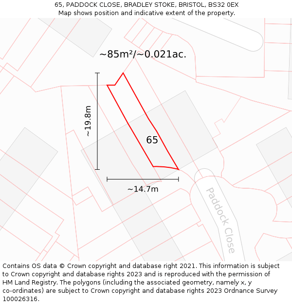 65, PADDOCK CLOSE, BRADLEY STOKE, BRISTOL, BS32 0EX: Plot and title map