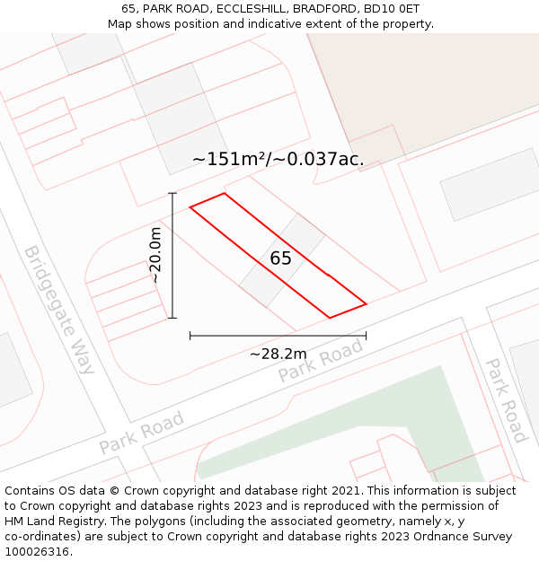 65, PARK ROAD, ECCLESHILL, BRADFORD, BD10 0ET: Plot and title map