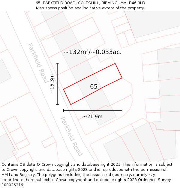 65, PARKFIELD ROAD, COLESHILL, BIRMINGHAM, B46 3LD: Plot and title map
