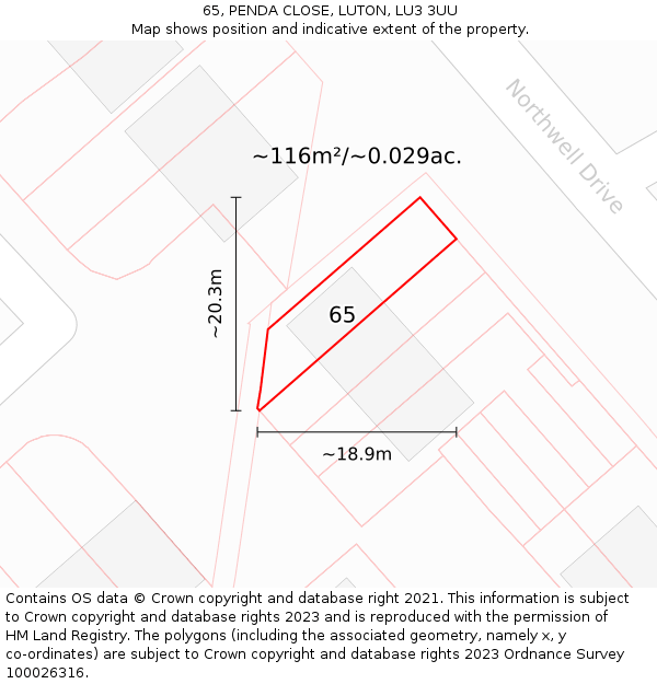 65, PENDA CLOSE, LUTON, LU3 3UU: Plot and title map