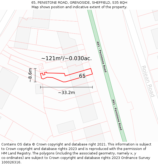 65, PENISTONE ROAD, GRENOSIDE, SHEFFIELD, S35 8QH: Plot and title map