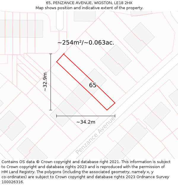65, PENZANCE AVENUE, WIGSTON, LE18 2HX: Plot and title map