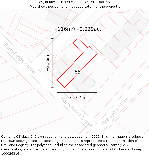 65, PERRYFIELDS CLOSE, REDDITCH, B98 7YP: Plot and title map