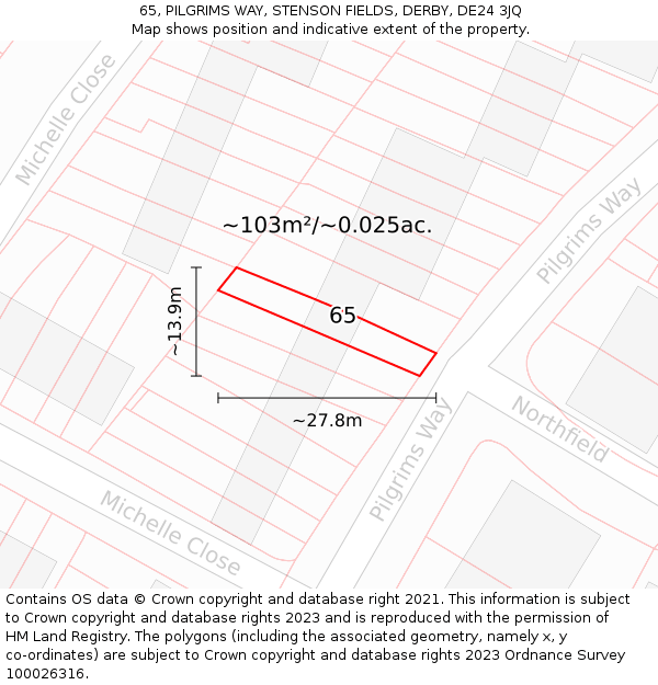 65, PILGRIMS WAY, STENSON FIELDS, DERBY, DE24 3JQ: Plot and title map