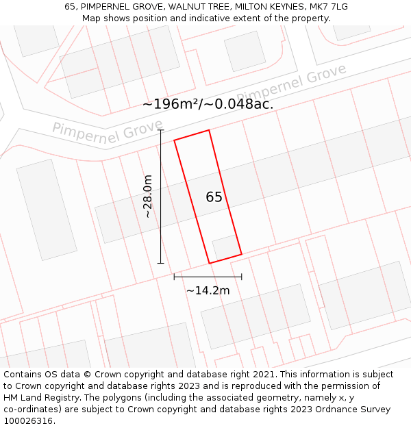 65, PIMPERNEL GROVE, WALNUT TREE, MILTON KEYNES, MK7 7LG: Plot and title map
