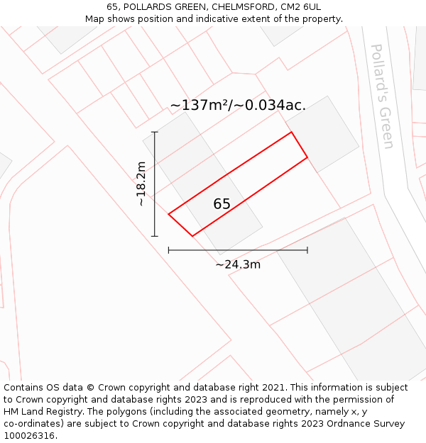 65, POLLARDS GREEN, CHELMSFORD, CM2 6UL: Plot and title map