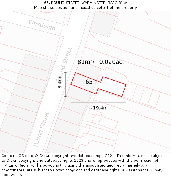65, POUND STREET, WARMINSTER, BA12 8NW: Plot and title map