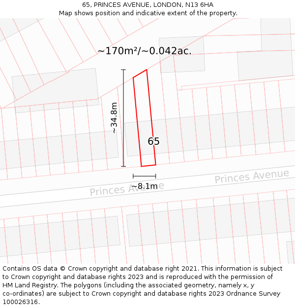 65, PRINCES AVENUE, LONDON, N13 6HA: Plot and title map