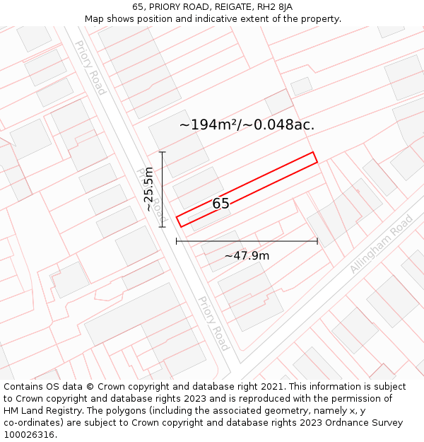 65, PRIORY ROAD, REIGATE, RH2 8JA: Plot and title map