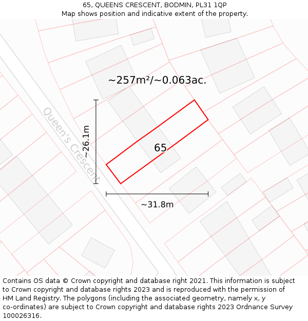 65, QUEENS CRESCENT, BODMIN, PL31 1QP: Plot and title map