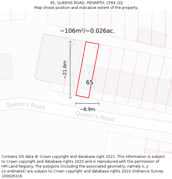 65, QUEENS ROAD, PENARTH, CF64 1DJ: Plot and title map