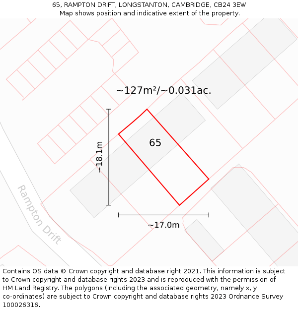 65, RAMPTON DRIFT, LONGSTANTON, CAMBRIDGE, CB24 3EW: Plot and title map