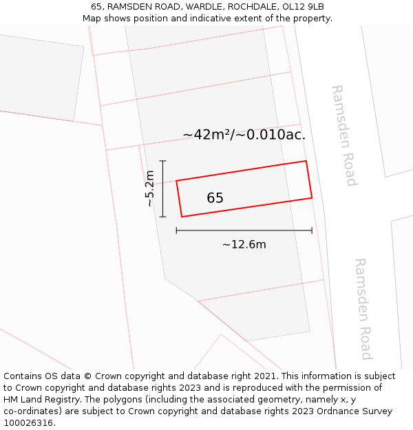 65, RAMSDEN ROAD, WARDLE, ROCHDALE, OL12 9LB: Plot and title map