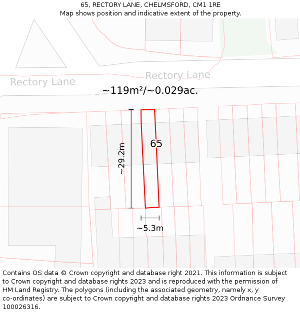 65, RECTORY LANE, CHELMSFORD, CM1 1RE: Plot and title map