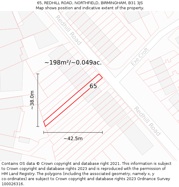 65, REDHILL ROAD, NORTHFIELD, BIRMINGHAM, B31 3JS: Plot and title map