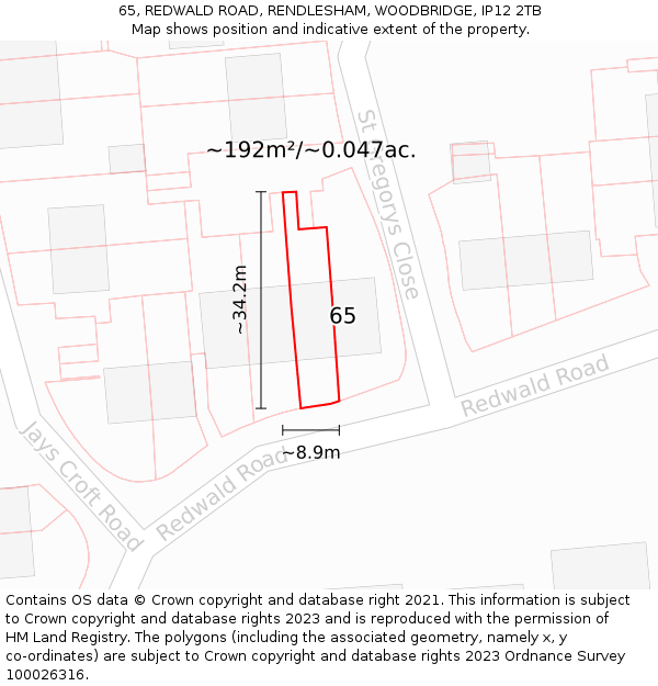 65, REDWALD ROAD, RENDLESHAM, WOODBRIDGE, IP12 2TB: Plot and title map