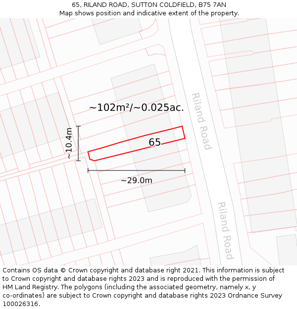 65, RILAND ROAD, SUTTON COLDFIELD, B75 7AN: Plot and title map