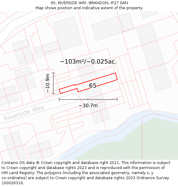 65, RIVERSIDE WAY, BRANDON, IP27 0AN: Plot and title map
