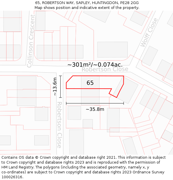 65, ROBERTSON WAY, SAPLEY, HUNTINGDON, PE28 2GG: Plot and title map