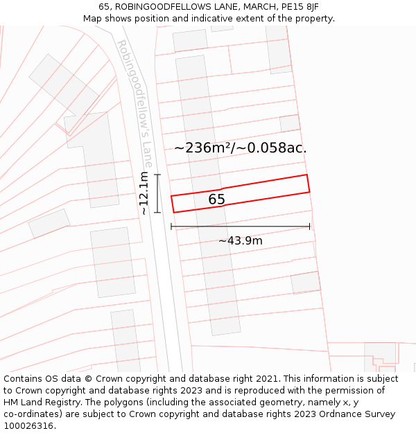 65, ROBINGOODFELLOWS LANE, MARCH, PE15 8JF: Plot and title map