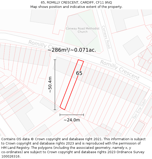 65, ROMILLY CRESCENT, CARDIFF, CF11 9NQ: Plot and title map