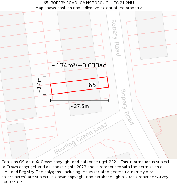 65, ROPERY ROAD, GAINSBOROUGH, DN21 2NU: Plot and title map