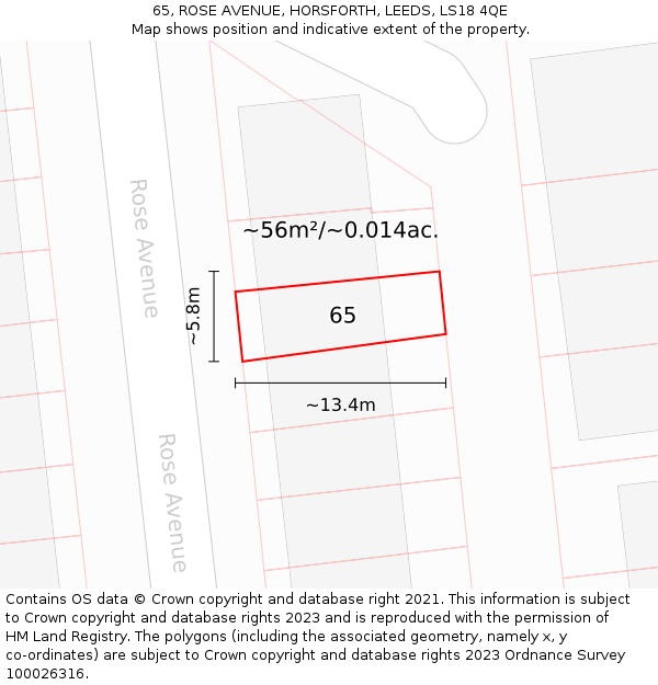 65, ROSE AVENUE, HORSFORTH, LEEDS, LS18 4QE: Plot and title map