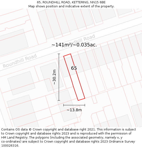 65, ROUNDHILL ROAD, KETTERING, NN15 6BE: Plot and title map