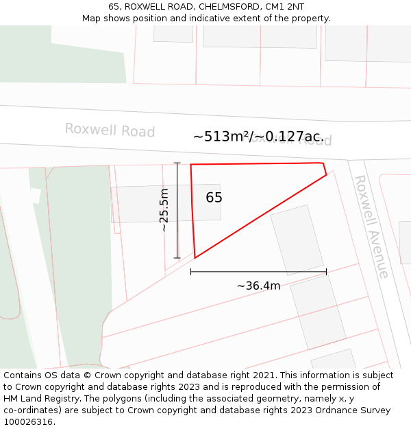 65, ROXWELL ROAD, CHELMSFORD, CM1 2NT: Plot and title map