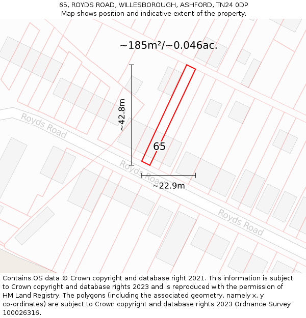 65, ROYDS ROAD, WILLESBOROUGH, ASHFORD, TN24 0DP: Plot and title map