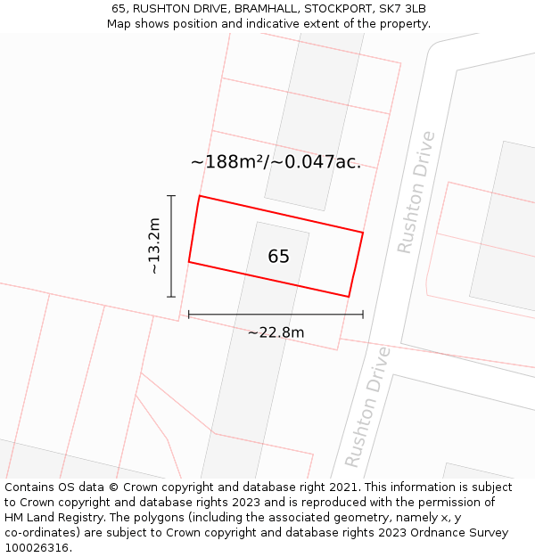 65, RUSHTON DRIVE, BRAMHALL, STOCKPORT, SK7 3LB: Plot and title map