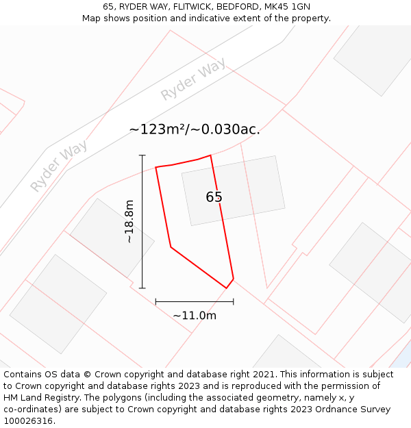 65, RYDER WAY, FLITWICK, BEDFORD, MK45 1GN: Plot and title map