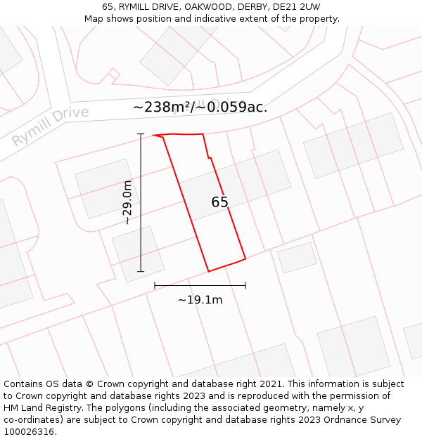 65, RYMILL DRIVE, OAKWOOD, DERBY, DE21 2UW: Plot and title map